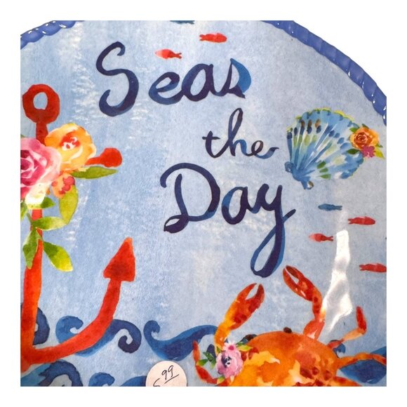 Seas The Day Nautical Melamine Plate 10" Round Blue Red Crab Anchor Beach House - Picture 2 of 7
